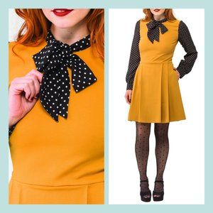 Smak Parlour Mustard Yellow Polka Dot Tie Neck "Scholar"  Fit and Flare Dress